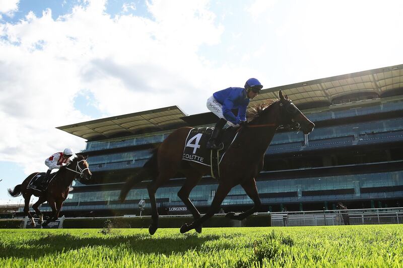 SYDNEY, AUSTRALIA - APRIL 11: Glen Boss riding Colette wins Race 6 The Star Australian Oaks during Sydney Racing The Championships Day 2 Queen Elizabeth Stakes Day at Royal Randwick Racecourse on April 11, 2020 in Sydney, Australia. (Photo by Matt King/Getty Images)