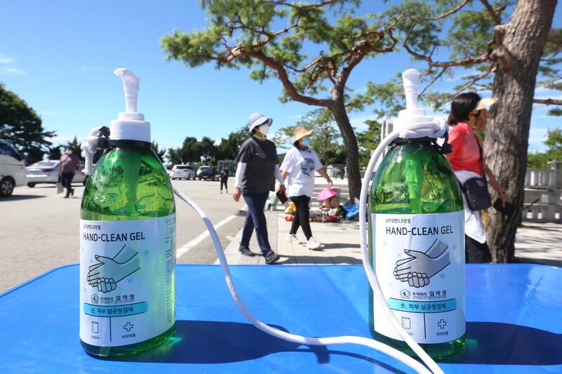 Hand cleaning gels are displayed at the Imjingak Pavilion in Paju, near the border with North Korea. North Korean leader Kim Jong Un placed the city of Kaesong near the border with South Korea under total lockdown after a person was found with suspected Covid-19 symptoms, saying he believes "the vicious virus" may have entered the country, state media reported on Sunday. AP