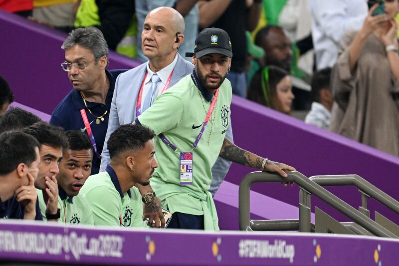 Neymar of Brazil looks on from the bench. Getty
