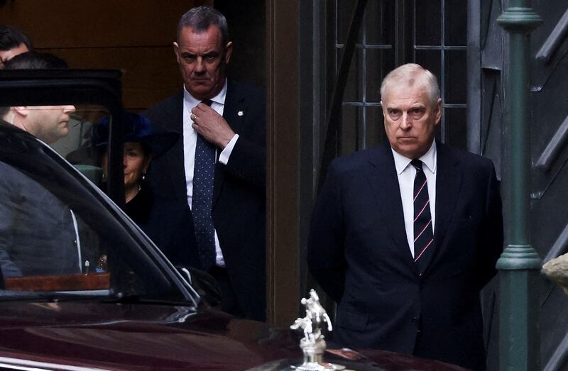 Prince Andrew, Duke of York, stands outside Westminster Abbey after a service of thanksgiving for the late Prince Philip in London. Reuters