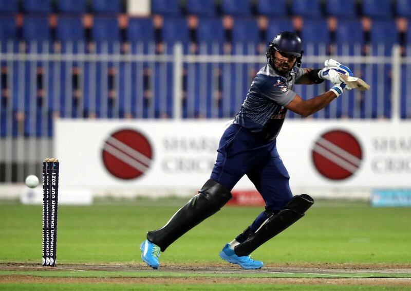 Pacific Group's Jiju Janardhanan bats in the Sharjah Ramadan Cup game between MGM Cricket Club v Pacific Group in Sharjah on April 27th, 2021. Chris Whiteoak / The National. 
Reporter: Paul Radley for Sport