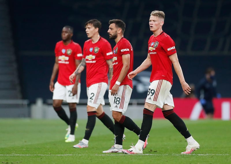 Scott McTominay and Manchester United teammates during the game against Tottenham. Reuters