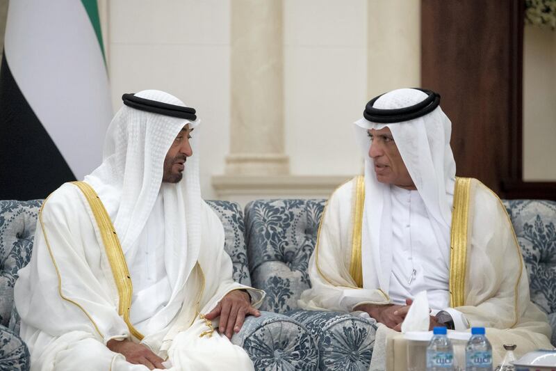 ABU DHABI, UNITED ARAB EMIRATES - August 11, 2019: HH Sheikh Mohamed bin Zayed Al Nahyan, Crown Prince of Abu Dhabi and Deputy Supreme Commander of the UAE Armed Forces (L), speaks with HH Sheikh Saud bin Saqr Al Qasimi, UAE Supreme Council Member and Ruler of Ras Al Khaimah (R), during an Eid Al Adha reception at Mushrif Palace.

( Ryan Carter for the Ministry of Presidential Affairs )
---