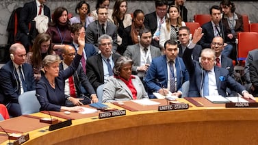 US ambassador to the UN Linda Thomas-Greenfield abstains from Monday's Security Council vote demanding a ceasefire in Gaza. AP