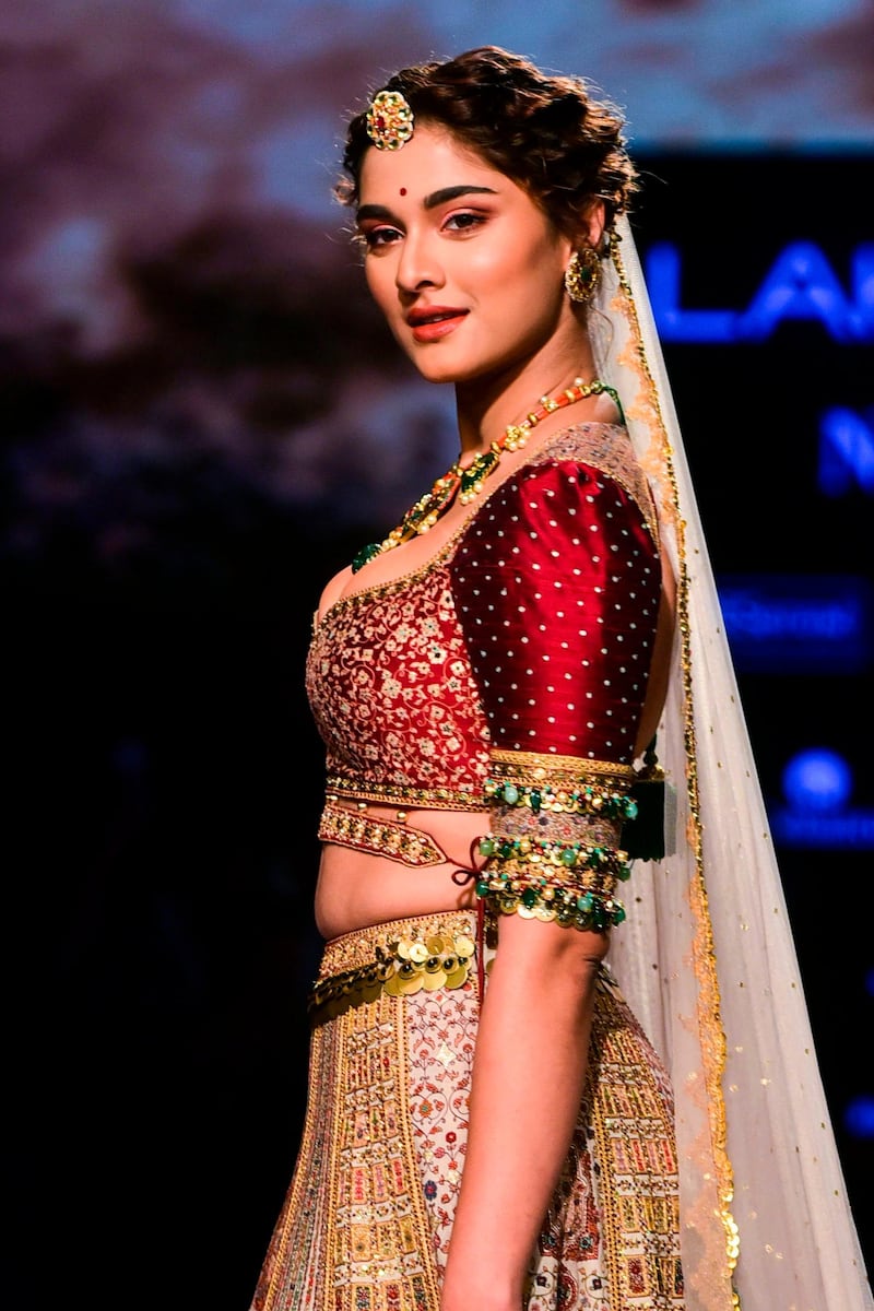 Bollywood actress Saiee Manjrekar presents a creation by Jiviva during Lakme Fashion Week in Mumbai on February 14, 2020. AFP