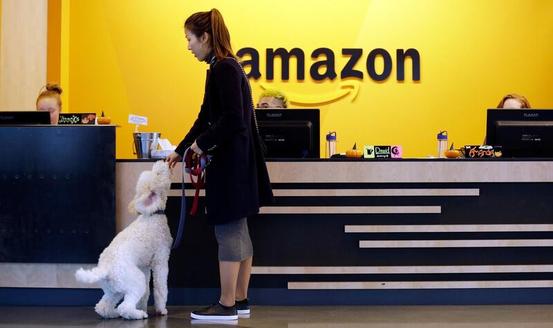 FILE - In this Wednesday, Oct. 11, 2017, file photo, an Amazon employee gives her dog a biscuit as the pair head into a company building, where dogs are welcome, in Seattle. Amazon announced Thursday, Jan. 18, 2018, that it has narrowed its hunt for a second headquarters to 20 locations, concentrated among cities in the U.S. East and Midwest. Toronto made the list as well, keeping the companyâ€™s international options open. (AP Photo/Elaine Thompson, File)