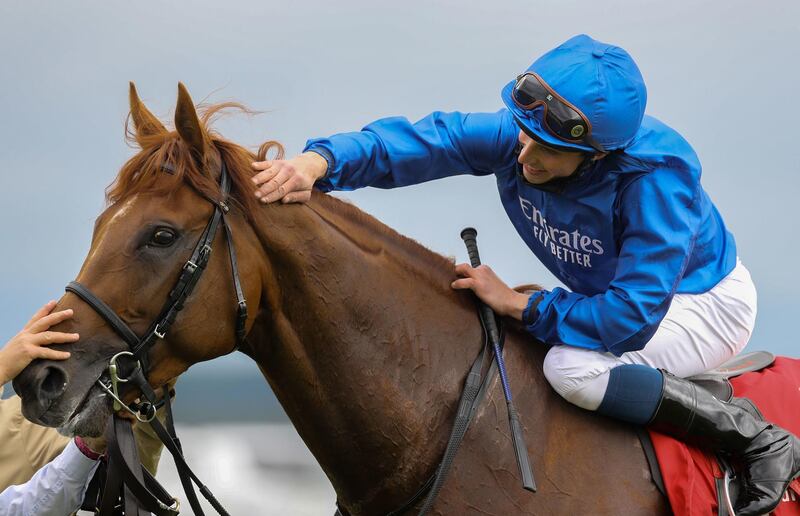 Jockey William Buick with Hurricane Lane celebrates after winning the Dubai Duty Free Irish Derby during day two of the Dubai Duty Free Irish Derby Festival at Curragh Racecourse in County Kildare, Ireland. Saturday June 26, 2021. PA Photo. See PA story RACING Curragh. Photo credit should read: Lorraine O'Sullivan/PA Wire.

RESTRICTIONS: Use subject to restrictions. Editorial use only, no commercial use without prior consent from rights holder.