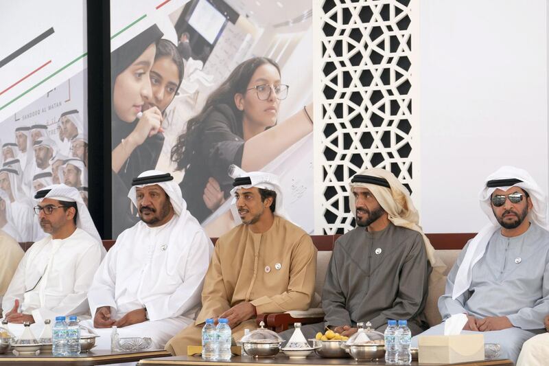 ABU DHABI, UNITED ARAB EMIRATES - March 11, 2019: (R-L) HH Sheikh Hamdan bin Zayed Al Nahyan, Ruler’s Representative in Al Dhafra Region, HH Sheikh Nahyan Bin Zayed Al Nahyan, Chairman of the Board of Trustees of Zayed bin Sultan Al Nahyan Charitable and Humanitarian Foundation, HH Sheikh Mansour bin Zayed Al Nahyan, UAE Deputy Prime Minister and Minister of Presidential Affairs, HH Sheikh Saeed bin Mohamed Al Nahyan and HH Sheikh Hamed bin Zayed Al Nahyan, Chairman of the Crown Prince Court of Abu Dhabi and Abu Dhabi Executive Council Member, attend a Sea Palace barza. 

( Ryan Carter for the Ministry of Presidential Affairs)
---