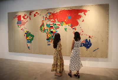'Mappa', the six-metre wide masterpiece by Italian artist Alighiero Boetti (estimated worth $12 million) from his famous Maps Series, is on display at Sotheby's Dubai. Photo: EPA