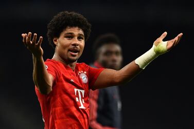 Bayern Munich's German midfielder Serge Gnabry celebrates on the pitch after the UEFA Champions League Group B football match between Tottenham Hotspur and Bayern Munich at the Tottenham Hotspur Stadium in north London, on October 1, 2019. Bayern won the game 7-2. / AFP / IKIMAGES / Glyn KIRK
