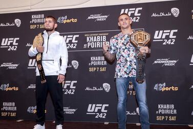 Khabib Nurmagomedov and Dustin Poirier on stage during the media day for UFC 242. Victor Besa / The National 