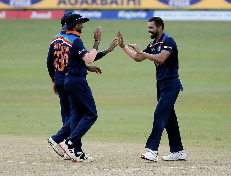 India's Deepak Chahar celebrates taking the wicket of Sri Lanka's Wanindu Hasaranga.
