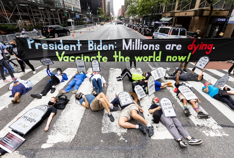 Protesters block 2nd Avenue near the UN's headquarters, calling on US President Joe Biden and the international community to help provide wider access to Covid-19 vaccines. EPA