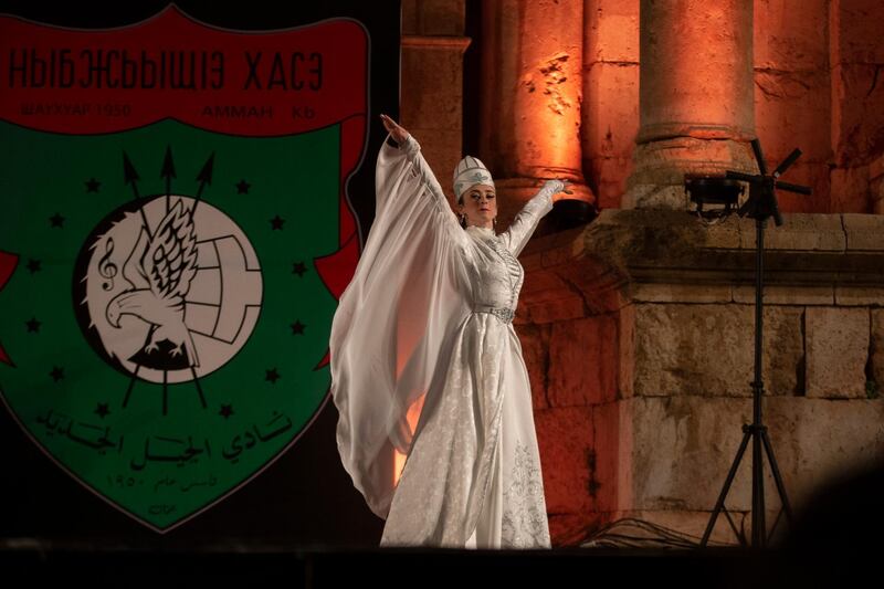 A Circassian dancer from Al-Jeel Al-Jadeed Club (the New Generation Club) performs during the 2019 Jerash Festival of Culture and Arts at the Jerash archeological site, Jerash, some 46 km North of Amman, Jordan.  EPA