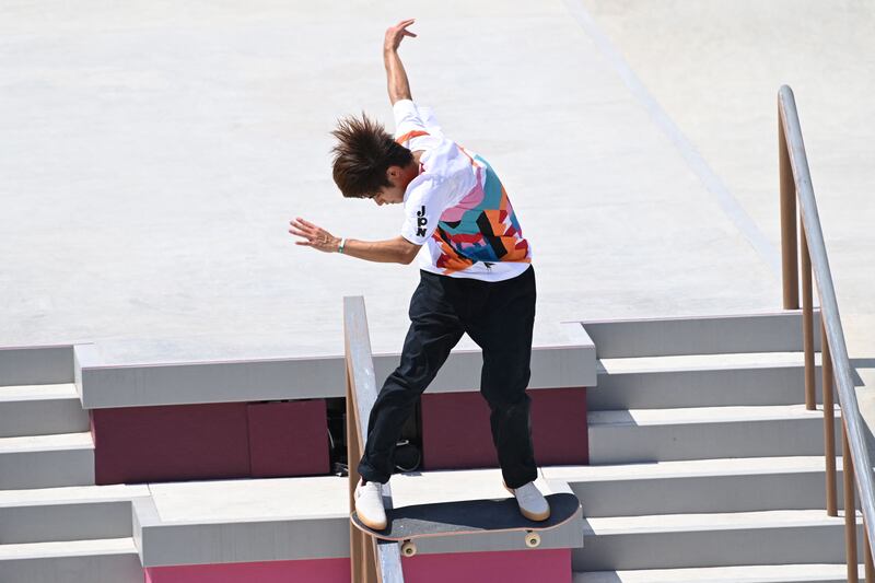 Yuto Horigome of Team Japan competes at the Skateboarding Men's Street Finals.