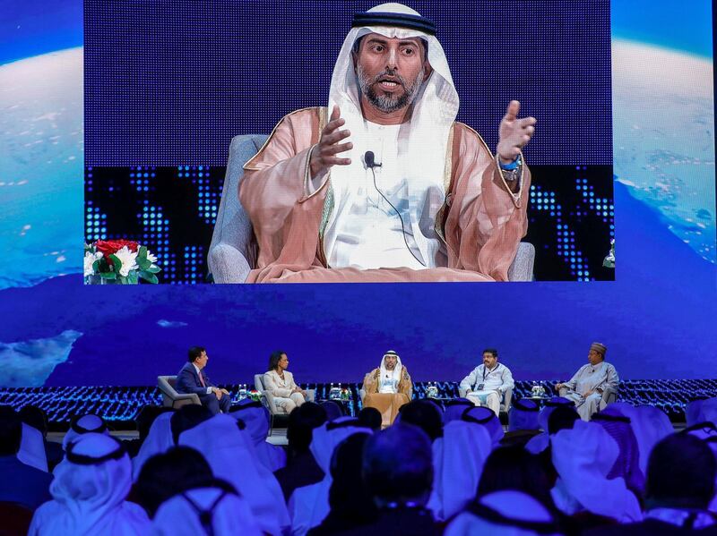 Abu Dhabi, United Arab Emirates, November 11, 2019.  
ADIPEC day 1.
(L-R) John Defterios, CNN; Former US Secretary of State Condoleezza Rice; H.E. Suhail Mohamed Faraj Al Mazrouei, UAE Minister of Energy & Industry; ShriDharmendra Pradhan, India Minister of Petroleum and Natural Gas; and Mohammed Barkindo, Secretary General of OPEC.
Victor Besa / The National
Section:  NA
Reporter:  Jennifer Gnana