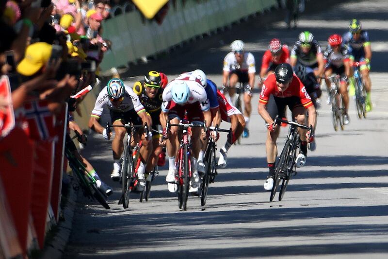 Peter Sagan of Slovakia riding for Bora-Hansgrohe and Mark Cavendish of Great Britain riding for Team Dimension Data are involved in a crash near the finish line during Stage 4 of the 2017 Le Tour de France, a 207.5km stage from Mondorf-les-Bains to Vittel on July 4, 2017 in Vittel, France.