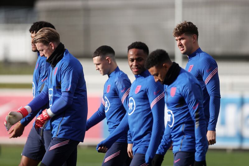 Left to right: England's Jordan Pickford, Phil Foden, Raheem Sterling, Jesse Lingard and John Stones. Reuters