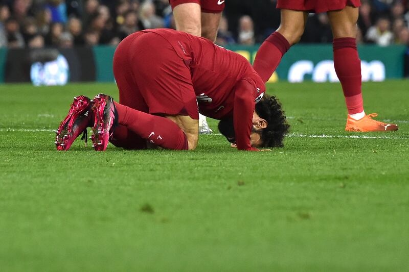 Liverpool's Mohamed Salah celebrates after scoring his side's second goal against Leeds. AP Photo