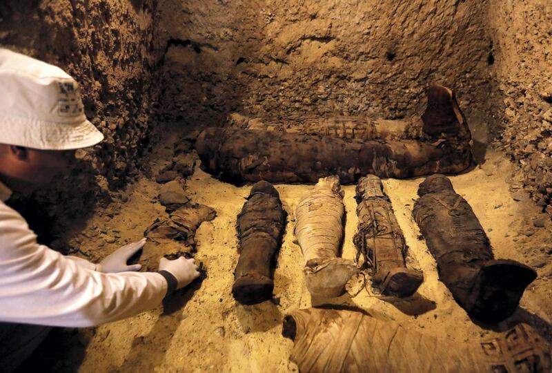 A Egyptian archaeologist examines mummies inside a tomb during the presentation of a new discovery at Tuna el-Gebel archaeological site in Minya Governorate, Egypt, February 2, 2019. REUTERS/Amr Abdallah Dalsh