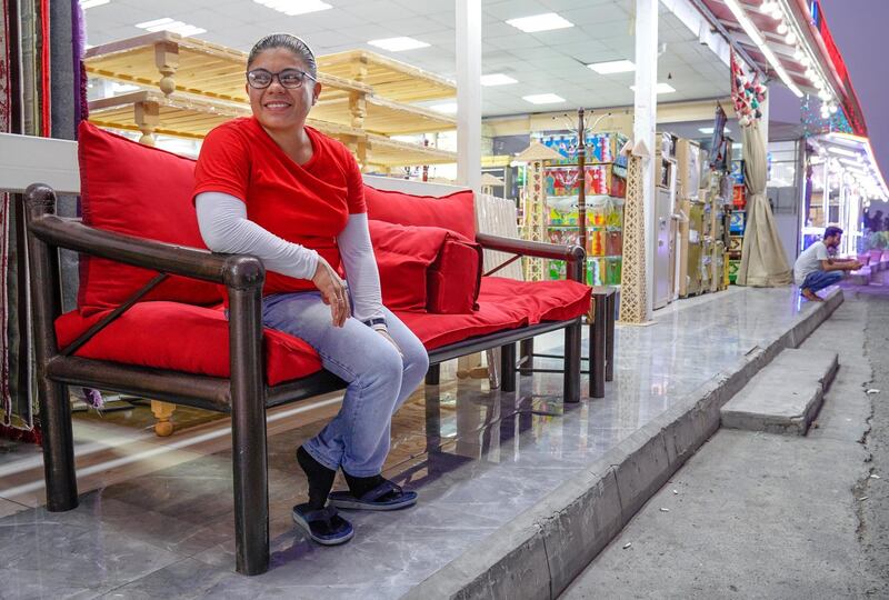 Abu Dhabi, United Arab Emirates, July 17, 2019.  Vendors of Al Mina Photo Project.  Al Mina Souk Market -- Vendor Merlinda Erosida-33 from the Philippines has been working at the Souk for 4 years now.
Victor Besa/The National
Section:  NA
Reporter: