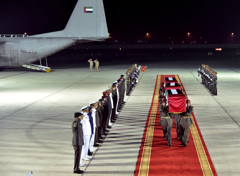 The bodies of the three deceased Emirati soldiers, Major Corporals’s Juma Al Hammadi, Khalid Al Shehhi, and Fahim Al Habsi arrive at Al Bateen Airport in Abu Dhabi. President Sheikh Khalifa has decreed November 30th as Martyrs’ Day in honour of the UAE’s fallen soldiers. Wam