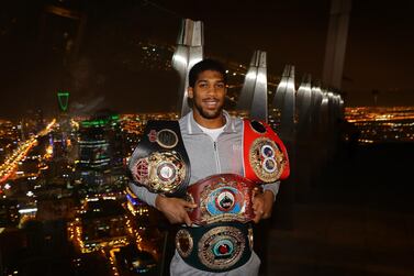 Two-time heavyweight champion of the world, Anthony Joshua, poses for pictures overlooking Riyadh after beating Andy Ruiz Jr. Getty