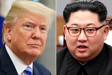 FILE - This combination of file photos, show U.S. President Donald Trump, left, in the Oval Office of the White House in Washington on May 16, 2018, and North Korean leader Kim Jong Un in a meeting with South Korean leader Moon Jae-in in Panmunjom, South Korea, on April 27, 2018. Kim on Saturday, Oct. 3, 2020 sent a message of sympathy to Trump and his wife Melania, wishing they would recover from the COVID-19 illness, state media reported. (AP Photo/Evan Vucci, Korea Summit Press Pool via AP, File)