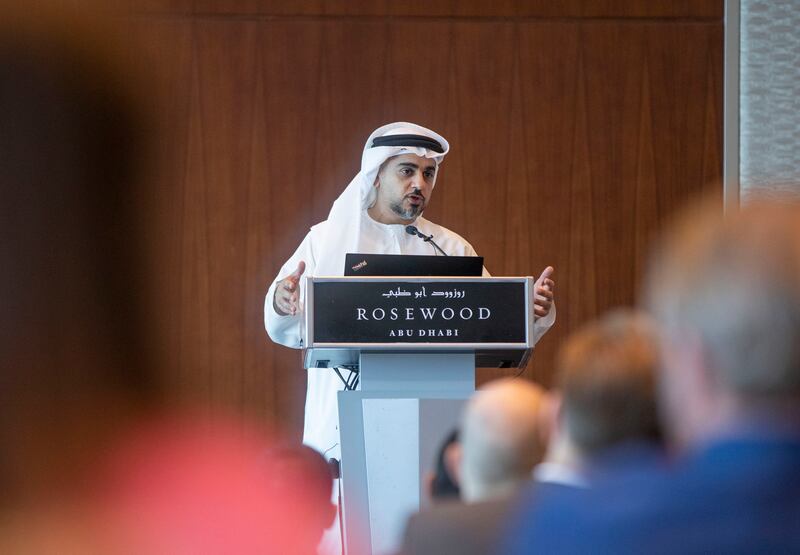 ADGM chairman Ahmed Al Zaabi delivers a speech at the launch of the Middle East, Africa and Asia Crypto and Blockchain Association in Abu Dhabi. Ruel Pableo / The National