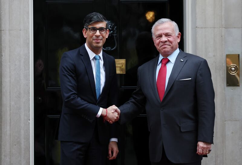 British Prime Minister Rishi Sunak, left, welcomes King Abdullah of Jordan to 10 Downing Street in London on February 15. EPA
