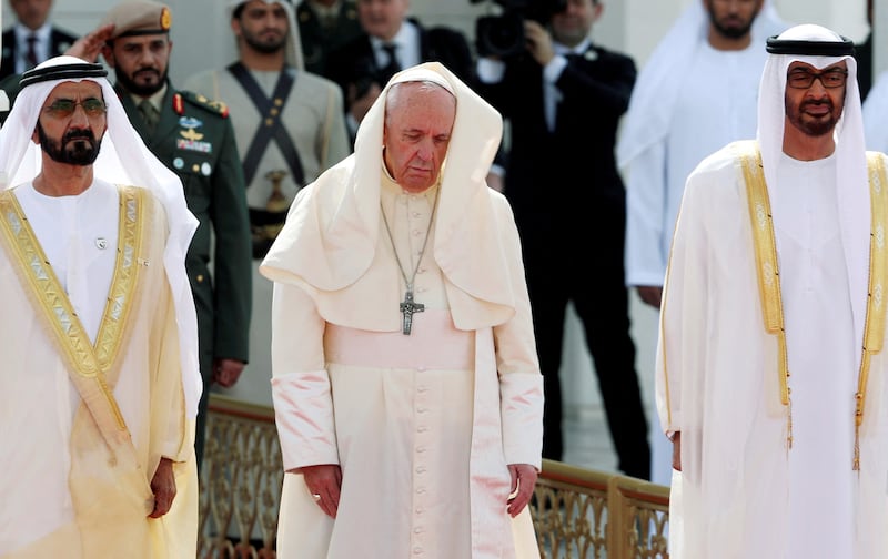 Sheikh Mohammed bin Rashid and Sheikh Mohamed bin Zayed welcome Pope Francis at the Presidential Palace in Abu Dhabi in February 2019. Reuters