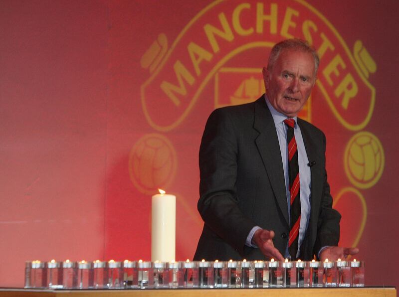 MANCHESTER, ENGLAND - FEBRUARY 6:  (SALES OUT) In this handout image supplied by Manchester United, Harry Gregg of Manchester United speaks during the memorial service to mark the 50th anniversary of the Munich Air Disaster at Old Trafford on February 6 2008 in Manchester, England. (Photo by John Peters/Manchester United via Getty Images)