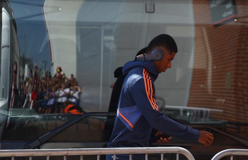Manchester United's Marcus Rashford arrives at the St. Mary's Stadium. Reuters