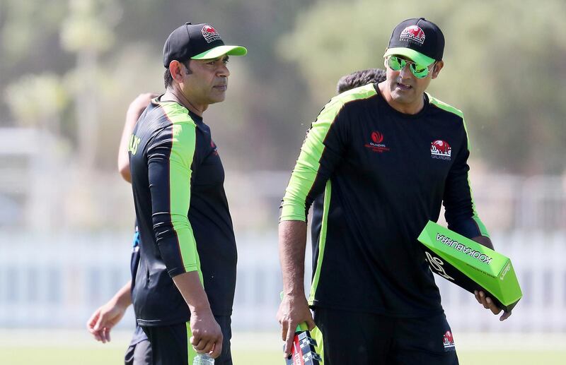 ABU DHABI, UNITED ARAB EMIRATES , Nov 13  – 2019 :- Aqib Javed , coach (left) of  Qalandars T10 cricket team during the training session held at Sheikh Zayed Cricket Stadium in Abu Dhabi. ( Pawan Singh / The National )  For Sports. Story by Paul