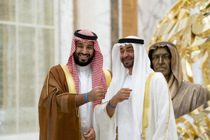 ABU DHABI, UNITED ARAB EMIRATES - November 27, 2019: HH Sheikh Mohamed bin Zayed Al Nahyan, Crown Prince of Abu Dhabi and Deputy Supreme Commander of the UAE Armed Forces (R) and HRH Prince Mohamed bin Salman bin Abdulaziz, Crown Prince, Deputy Prime Minister and Minister of Defence of Saudi Arabia (R) stand for a photograph wearing EXPO 2020 wristband, during a state visit reception at Qasr Al Watan.


( Hamad Al Mansoori / for the Ministry of Presidential Affairs )
---