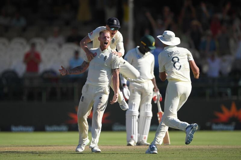 Ben Stokes celebrates taking the wicket of Vernon Philander and win the second Test for England against South Africa at Newlands played out over five thrilling days. Getty