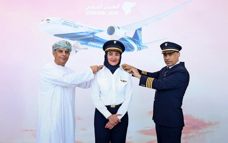 Maha Al Balushi received her new rank during a ceremony held at Oman Air’s headquarters in Muscat, Oman. Photo: Oman Air