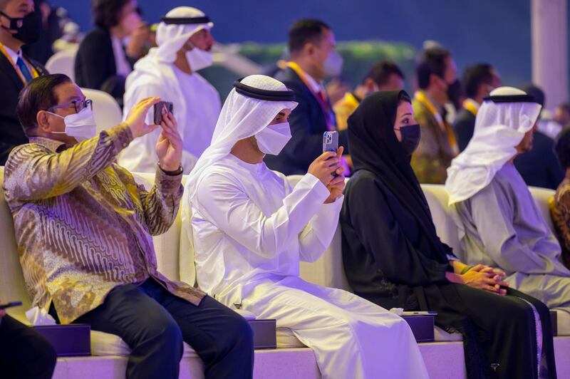 Sheikh Hamdan bin Mohamed, second left, and Reem Al Hashimy, Minister of State for International Co-operation, third left, attend the Indonesian National Day celebrations.