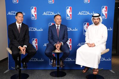 Left to Right: Ralph Rivera, Managing Director, NBA Europe and Middle East; Mark A. Tatum, NBA Deputy Commissioner and COO Association; and Ali Hassan Al Shaiba, Executive Director of Tourism & Marketing, DCT Abu Dhabi during the press conference to announce the partnership between the NBA and DCT Abu Dhabi. Pawan Singh / The National