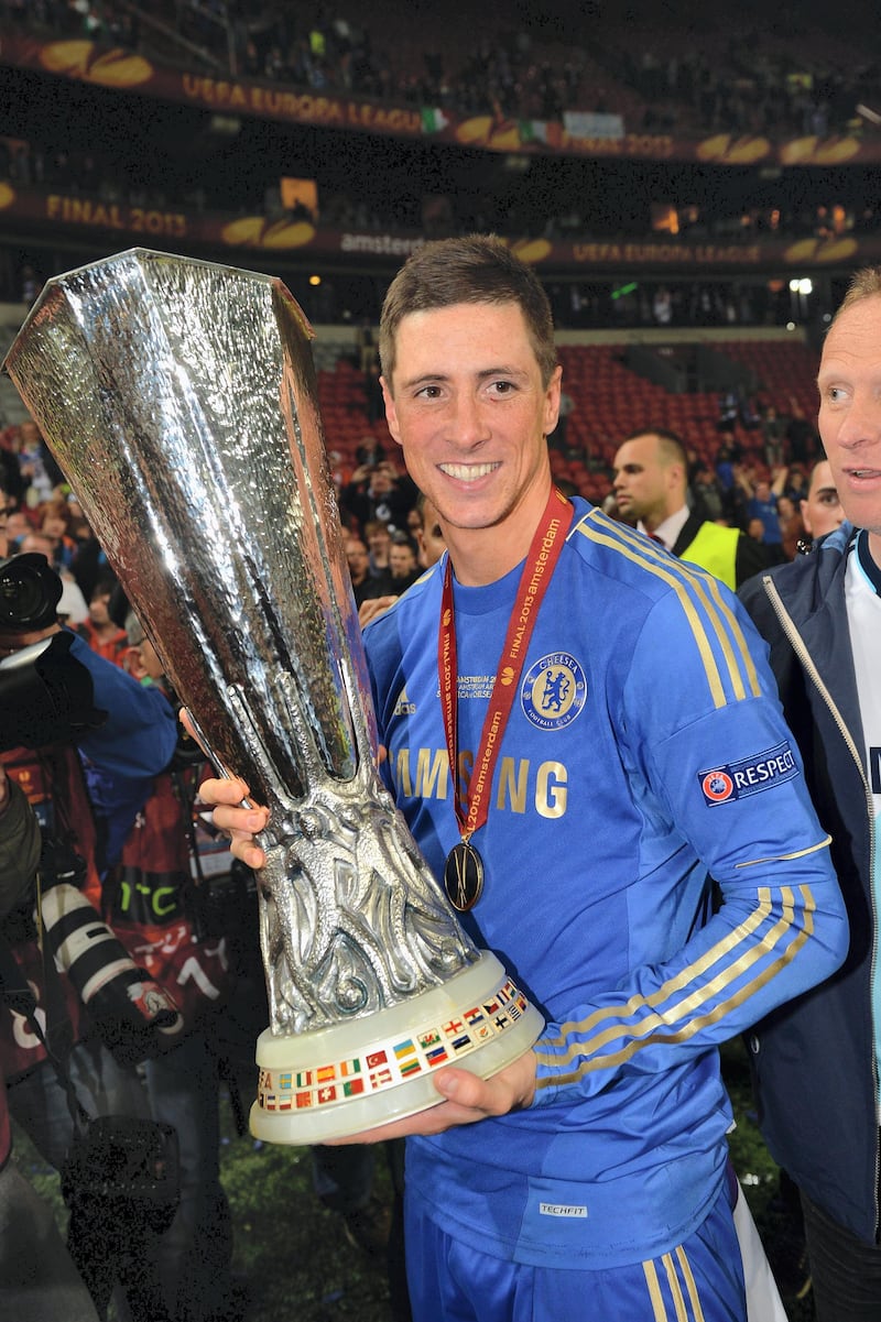 Chelsea's Fernando Torres celebrate winning during a UEFA Europa League Final match between FC Benfica and Chelsea at the Amsterdam Arena on 15th May 2013 in Amsterdam, Holland.  (Photo by Darren Walsh/Chelsea FC via Getty Images)