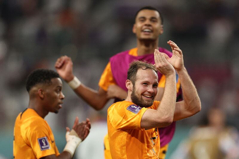 Daley Blind 9 - On his 98th cap and with his dad on the bench he scored his third goal for his country when he made it 2-0 on 46, a similar goal to the first. He’d moved up from the back to be in a perfect position and his timing to meet the ball left his man behind. Beautiful ball into the box for Dumfries and the third. AFP
