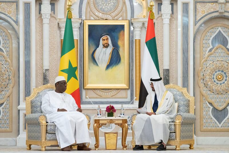 ABU DHABI, UNITED ARAB EMIRATES - February 06, 2020: HH Sheikh Mohamed bin Zayed Al Nahyan, Crown Prince of Abu Dhabi and Deputy Supreme Commander of the UAE Armed Forces (R) meets with HE Macky Sall, President of Senegal (L), during an official visit reception, at Qasr Al Watan.  

( Hamad Al Kaabi / Ministry of Presidential Affairs )​
---