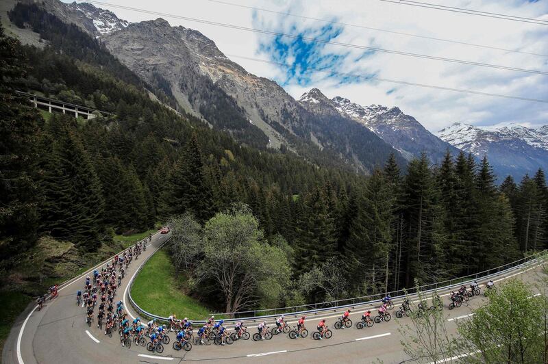 The peloton riding through the San Bernardino pass in Switzerland during Stage 20 of the Giro d'Italia on Sunday, May 29. AFP