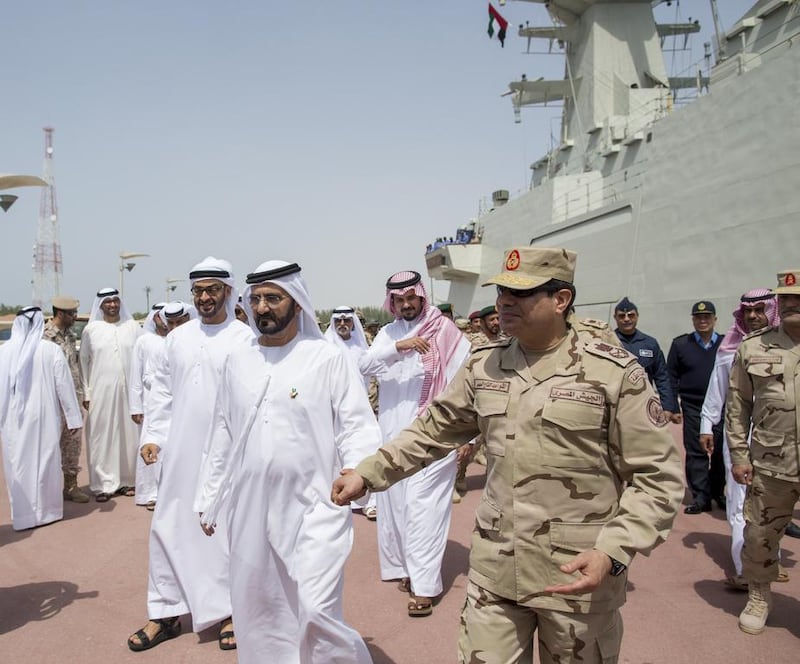 Sheikh Mohamed and Sheikh Mohammed with Mr El Sisi at the Zayed 1 joint military exercise. Photo: Crown Prince Court