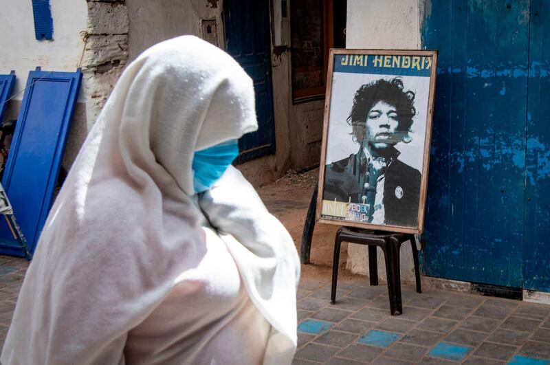 A picture taken in the Moroccan coastal city of Essaouira shows portraits of late US guitarist Jimi Hendrix.  AFP