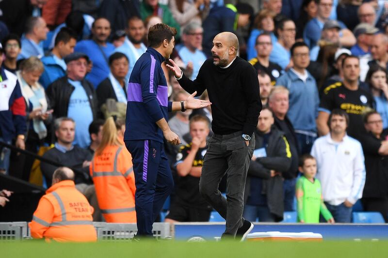 Mauricio Pochettino, Manager of Tottenham Hotspur speaks with Pep Guardiola, Manager of Manchester City after the final whistle during the Premier League match between Manchester City and Tottenham Hotspur at Etihad Stadium in Manchester, United Kingdom. Getty Images