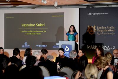 Yasmine Sabri speaks at the Arab Women of Year Awards. Getty Images