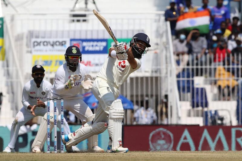 Moeen Ali of England  plays a shot during day four of the second PayTM test match between India and England held at the Chidambaram Stadium in Chennai, Tamil Nadu, India on the 16th February 2021

Photo by Pankaj Nangia/ Sportzpics for BCCI