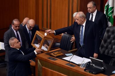 Lebanese Parliament Speaker Nabih Berri casts his vote during the sixth parliamentary session to elect a new president in Beirut in November 2022. EPA