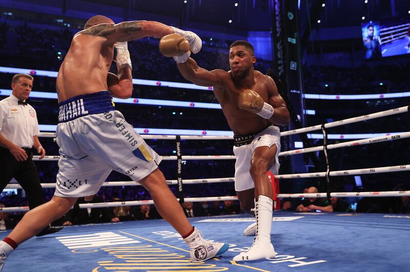 Anthony Joshua and Oleksandr Usyk during the fight. Getty